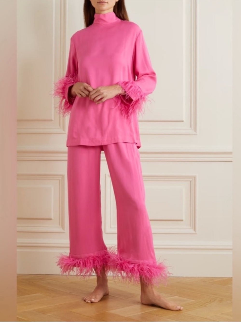 NEW. Sleeper 2 Piece Black Tie Feather Trim Pajama Set. NWT